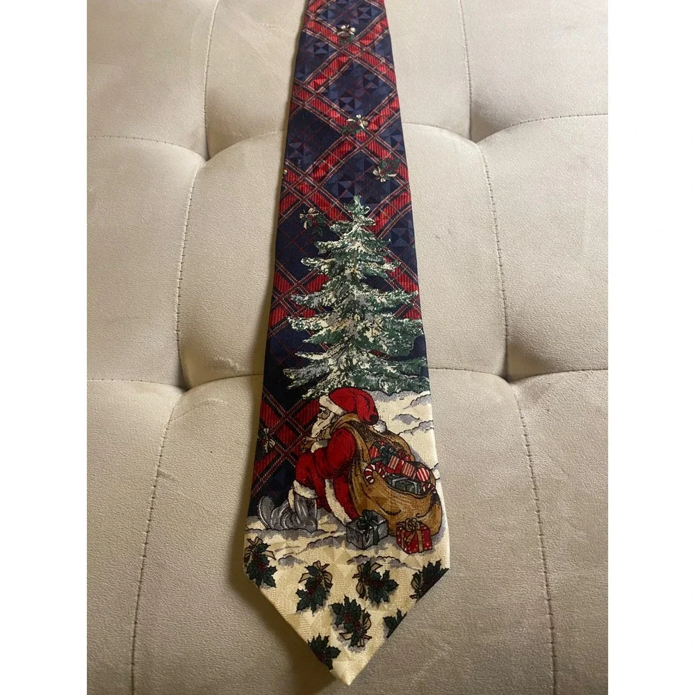 Zianetti Mens Christmas Tie Italian Silk‎ Plaid Santa Claus Holiday Navy Red